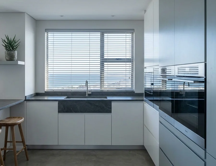 Silver aluminium venetian blind mounted in the kitchen window recess of a Sea Point apartment, slats half-open to the Atlantic