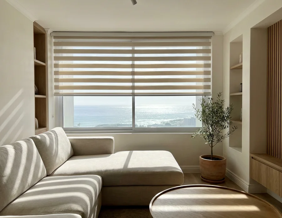 Day/night blind with sheer and solid bands aligned half-open over a sunny Sea Point lounge window, sofa in striped light