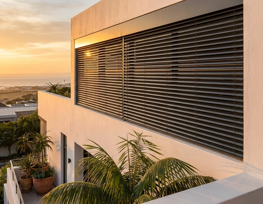 External aluminium venetian blinds fixed across a wide upper-floor window on a white coastal facade, low sun behind the slats