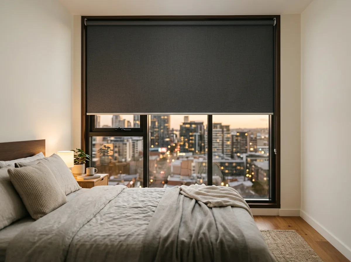 Charcoal blockout roller blind over a floor-to-ceiling bedroom window, warm evening light